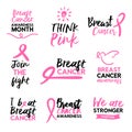 Pink breast cancer awareness ribbon text quote set Royalty Free Stock Photo