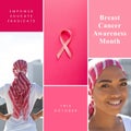 Breast cancer awareness month text with ribbon and smiling biracial woman in pink headscarf Royalty Free Stock Photo