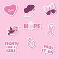 Breast cancer awareness month vector flat icons, stickers, labels, pins with slogan, phrases and symbols