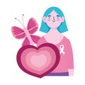 Breast cancer awareness month, woman butterfly and heart cartoon