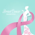 Breast Cancer AWARENESS with pink ribbon around white woman paper flower vector design