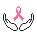 Breast cancer awareness pink ribbon with open hands on the white background. Isolated illustration Royalty Free Stock Photo