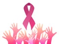 Breast cancer awareness. Pink ribbon with pink hands up. Unity Royalty Free Stock Photo