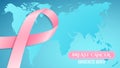 Breast Cancer Awareness pink ribbon. White text. Planet Earth Map. Light blue horizontal background. Fighting cancer. Vector