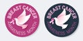 Breast Cancer Awareness pins for October month with pink ribbons and white flying doves of hope. Round shape, vector illustration