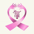 Breast cancer awareness ribbon text human hands co Royalty Free Stock Photo