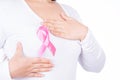 Breast cancer awareness ribbon on woman chest and doing self exam isolated over white background. Medical, healthcare for Royalty Free Stock Photo