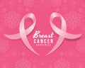 Breast cancer awareness text in two soft pink ribbon sign around heart frame on pink flower texture background vector design Royalty Free Stock Photo