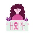 Breast cancer awareness young woman hope placard, vector Royalty Free Stock Photo