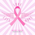 Breast cancer background with pink ribbon. Beast cancer awareness month banner. Vector.