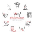 Breast Cancer banner. Symptoms, Causes, Treatment. Line icons set