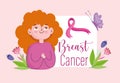 Breast cancer cartoon woman pink ribbon flowers butterfly banner Royalty Free Stock Photo