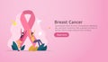 breast cancer day Awareness month concept with pink ribbon and female cartoon character together for love and support. web landing Royalty Free Stock Photo