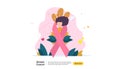 breast cancer day Awareness month concept with pink ribbon and female cartoon character together for love and support. web landing Royalty Free Stock Photo