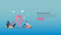 breast cancer day Awareness month concept with pink ribbon and female cartoon character together for love and support. web landing Royalty Free Stock Photo