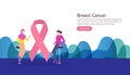 breast cancer day Awareness month with pink ribbon. female cartoon character together discussion talk for love support. web