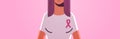 Breast cancer day woman wearing t-shirt with pink ribbon disease awareness and prevention concept flat portrait