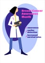 Breast cancer early detection concept. Breast Cancer Awareness. Female doctor with a mammogram, informational text