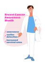 Breast cancer early detection concept. Breast Cancer Awareness. Male doctor, informational text