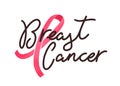 Breast cancer handwritten lettering. Women oncological disease awareness campaign slogan. Decorative typography and pink