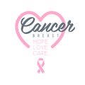 Breast cancer, hope, love, care label with heart. Vector illustration in pink colors Royalty Free Stock Photo