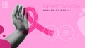 Breast cancer pink ribbon and hand gesture protect in collage illustration design Royalty Free Stock Photo