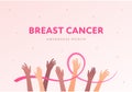 Breast cancer prevention concept. Vector flat illustration. Health care banner template. Pink ribbon symbol around multiethnic Royalty Free Stock Photo