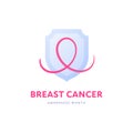 Breast cancer prevention concept. Vector flat illustration. Healthcare banner template. Pink ribbon symbol on shield sign with