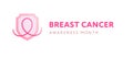 Breast cancer prevention concept. Vector flat illustration. Healthcare horizontal banner template. Pink ribbon symbol on shield