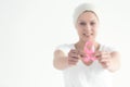 Breast cancer survivor holding ribbon Royalty Free Stock Photo