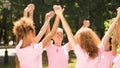 Breast Cancer Survivors Standing Holding Hands In Park, Panorama