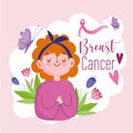 Breast cancer young cartoon woman with ribbon butterfly hearts and flowers