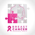 Breast jigsaw puzzle and ribbon Pink ribbon sign and Breast Cancer Awareness month text vector design