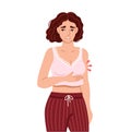 Breast tenderness. Woman suffering from symptom of premenstrual syndrome. Sensitive swollen breast. Hand drawn cartoon