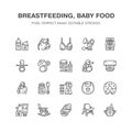 Breastfeeding, baby food vector flat line icons. Breast feeding elements - pump, woman, child, powdered milk, bottle Royalty Free Stock Photo