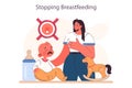 Breastfeeding cessation. Young mother stops feeding her baby with breast milk