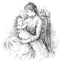 Breastfeeding the child on the mother`s breast.