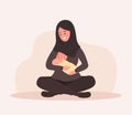 Breastfeeding concept. Young islamic mother nursing newborn baby. Natural feeding, happy motherhood. Vector illustration Royalty Free Stock Photo