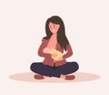 Breastfeeding concept. Young mother nursing newborn baby. Natural feeding, happy motherhood. Vector illustration in flat