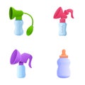 Breastfeeding device icons set cartoon vector. Manual breast pump