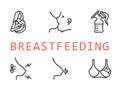 Breastfeeding flat line icon set. Vector illustration lactation. Included nipple shield, nursing clothes, mastitis Royalty Free Stock Photo