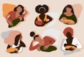 Breastfeeding illustration in mid century style.Young women different ethnicities with child. Lactation in various positions conce
