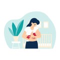 Breastfeeding illustration, mother feeding a baby with breast at home, with nursery background with crib, house plant