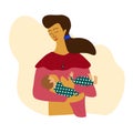 Breastfeeding and lactation concept. Young mother feeding a baby with breast. Happy mom holding a new born baby in hands.
