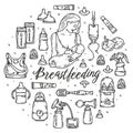 Breastfeeding and lactation set of vector doodle sketch icons