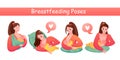 Breastfeeding poses set, cartoon mom character feeds baby Royalty Free Stock Photo