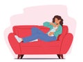 Breastfeeding Positions Concept, Female Character Feeding Baby with Breast Sitting on Couch with Newborn Child