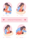Breastfeeding positions. Position breast mom lactation for nourish baby, newborn hold mother breasts feeding milk, cross Royalty Free Stock Photo