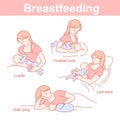 Breastfeeding positions set. Mother and baby together. Infographic for feeding start.