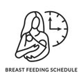 Breastfeeding schedule flat line icon. Vector illustration a baby in a sling in a womans arms.